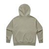 A plain olive green hoodie featuring a large hood and long sleeves. It has a logo on the back.