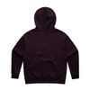 A purple hoodie with a hood, featuring a plain back and cuffed sleeves. Includes a branding logo.