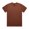 A brown t-shirt with a crew neck and short sleeves, featuring a logo in the neckline area.