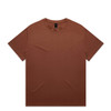 A brown T-shirt with a crew neck and short sleeves, featuring a label at the neckline.