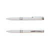 A white recycled ABS pen with chrome accents, featuring a clip and smooth finishes. It includes a logo.