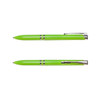 A green pen with a shiny finish and silver accents, featuring a clip and a logo.