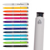 A collection of brightly coloured plastic pens in various shades, featuring a white pen with a logo and a recycled symbol.