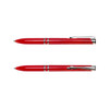 A red plastic pen featuring a polished finish and silver accents, with a clip for easy attachment.