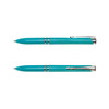 A turquoise recycled ABS pen with silver accents and a clip, displayed from two angles.