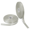 A set of two rolls of personalised ribbon, in a pale green colour, each 15mm wide. One roll is partially unspooled.