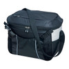 A black and grey cooler bag with a strap, featuring mesh pockets and a zippered top. It has a logo on the side.
