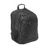 A black laptop backpack with multiple zippered compartments and mesh side pockets. It has a padded back and adjustable straps.