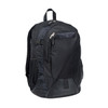 A black laptop backpack featuring multiple compartments, zippers, and side mesh pockets. It has a branding logo.