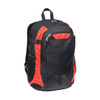 A black and red laptop backpack with multiple compartments, adjustable straps, and mesh side pockets.
