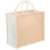 A jute tote bag with a wide gusset, featuring natural beige and white accents. It has two sturdy handles and a logo.