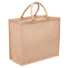 A beige eco jute tote bag with a wide gusset and twin handles. It features additional branding.