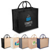 A black jute tote with wide gusset and handles, alongside totes in white, beige, and navy, featuring various designs.