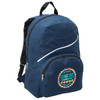 A navy blue backpack with a front zip pocket, featuring a logo. The backpack has adjustable straps and a curved design.