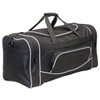 A black duffle bag with white piping, featuring a zippered pocket and dual handles. It also has a logo.