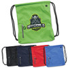 A green drawstring bag with a logo, accompanied by black, red, and blue variants, featuring a zippered pocket.