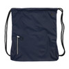 A navy drawstring bag featuring a zip pocket and a logo. The bag has two black cords for carrying.