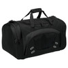 A black duffle bag with multiple zippered compartments and a logo. Features sturdy handles for carrying.