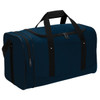 A duffle bag in dark blue with black straps and multiple zippered compartments, featuring a logo.