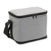 A grey cooler bag with a zip closure and a black strap for easy carrying, featuring a simple design.