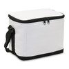 A cooler bag with a white body and black base, featuring a zip closure and a shoulder strap.