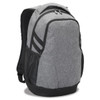 A grey laptop backpack featuring a textured design, black accents, and side mesh pockets. It also has a logo.