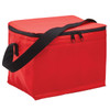 A red cooler bag with a zip closure and a black adjustable shoulder strap. It features a simple design and has a logo.