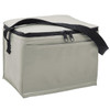 A cooler bag in a light grey colour with a zippered closure and a black strap for easy carrying.