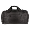 A black duffle bag featuring dual handles, front and side pockets, and a logo.