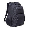 A black laptop backpack featuring multiple compartments and a mesh side pocket. It has a logo on the front.
