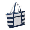 A large tote bag in navy and white, featuring stripes and sturdy handles, with a zip closure and a front pocket.