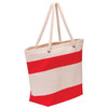 A beige cotton canvas tote bag with red stripes and rope handles, featuring a logo on the side.
