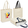 A heavy-duty canvas tote in natural colour with black and blue handles, featuring a logo on one side.