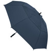 A navy blue umbrella with a sturdy handle and a smooth canopy, featuring a logo on the handle.