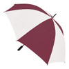 A maroon and white striped umbrella with a black handle, featuring a logo on the handle.