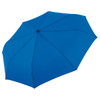 A blue compact umbrella with a smooth canopy and a central button for opening and closing. It has a logo on the handle.