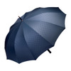 A navy blue umbrella with a checkered pattern and a black handle, featuring a logo.