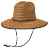 A straw hat in burnt straw colour with a flat brim and an adjustable chin strap. Features a decorative black band.