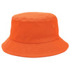 An orange bucket hat made of fabric with a wide brim. It features a small logo.