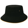 A black bucket hat with a contrasting gold trim and metal eyelets for ventilation. It features a logo.