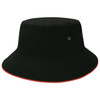 A black bucket hat with a red trim and metal eyelets, featuring a logo on the side.