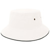 A white bucket hat with a wide brim and a contrasting black edge, featuring small ventilation holes.