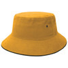 A mustard yellow bucket hat with a wide brim and a black underside, featuring a logo.