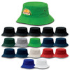 A range of bucket hats in various colours, including green, black, navy, white, and red, with a logo on one.