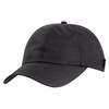 A black cap with a curved brim and stitched panels, featuring a logo on the side.