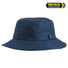 A navy bucket hat with a wide brim, featuring a logo on the side. Ideal for headwear collection.