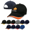 A collection of caps in various colours, featuring a logo on the front and a contrasting peak.