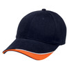A navy cap with an orange and white accent along the brim. It features a branding logo.