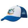 A blue and white foam mesh trucker cap with a logo and colourful tropical design.