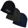 A collection of three cable knit beanies in black, olive green, and navy blue, each featuring a logo.
